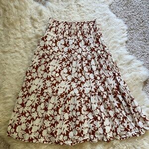 Brown and White Floral Midi A-line Skirt